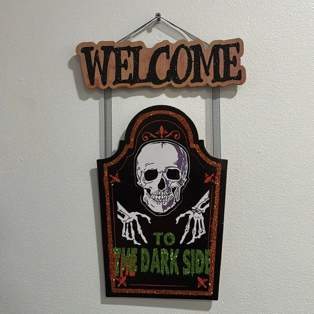 NWT-WELCOME- To The Dark Side- Glittered Wooden Tombstone Sign w/ Skeleton